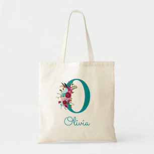 Floral Letter O Script Monogram Aquamarin rosa Tragetasche