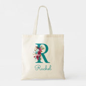 Floral Letter R Script Monogram Aquamarin rosa Tragetasche (Rückseite)