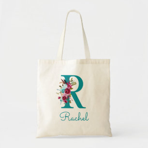 Floral Letter R Script Monogram Aquamarin rosa Tragetasche
