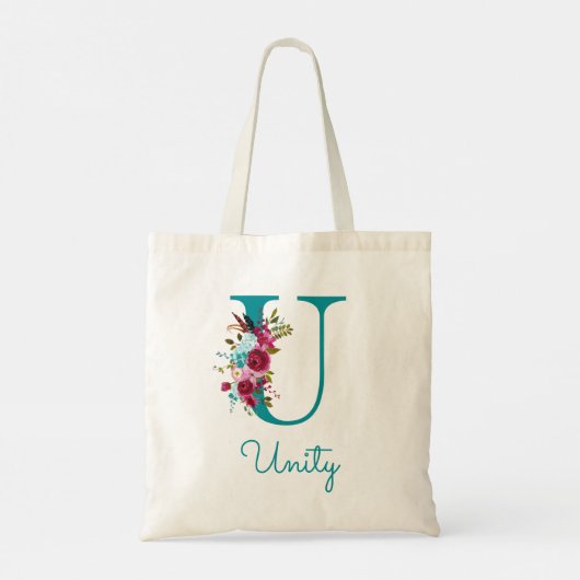 Floral Letter U Script Monogram Aquamarin Pink Tragetasche (Rückseite)