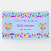 Floral Light Blue Mexican Quinceanera Empfang Banner (Horizontal)