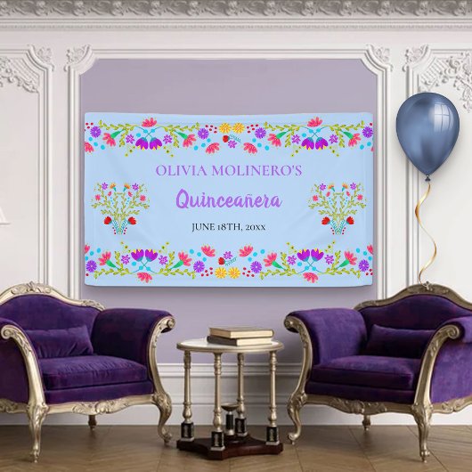 Floral Light Blue Mexican Quinceanera Empfang Banner