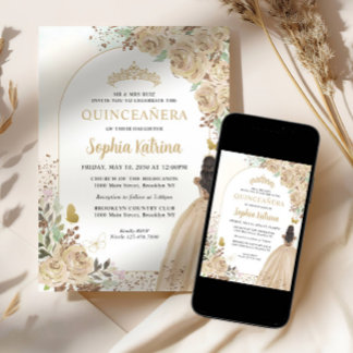 Floral Light Gold Princess Birthday Quinceanera Einladung