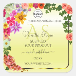 Floral Light Yellow Product Labels Monogram Logo Quadratischer Aufkleber