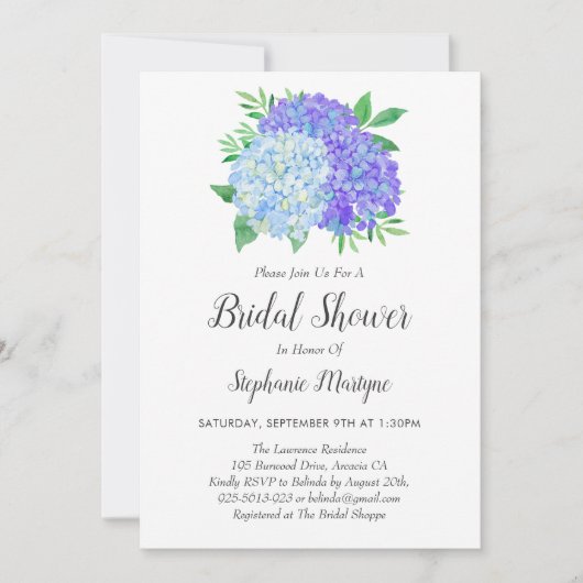 Floral Lila Blue Hydrangea Bouquet Brautparty Einladung (Vorderseite)