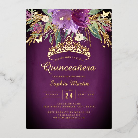 Floral Lila Gold Amethyst Quinceanera Folieneinladung (Vorderseite)