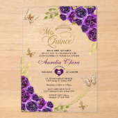Floral Lila Gold Tiara Butterfly Mis Quinceañera Acryleinladungen (Vorderseite)