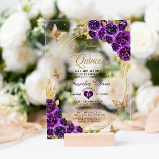 Floral Lila Gold Tiara Butterfly Mis Quinceañera Acryleinladungen