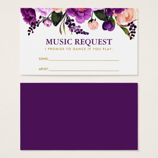 Floral Lila Gold Wedding Music Song Request Card (Vorne & Hinten)