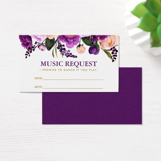 Floral Lila Gold Wedding Music Song Request Card (Schreibtisch)