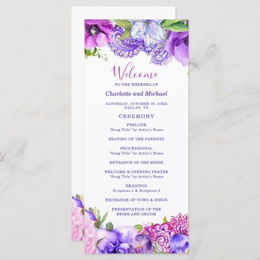 Floral Lila Paisley Chic Modern Boho Wedding Programm (Vorne/Hinten)