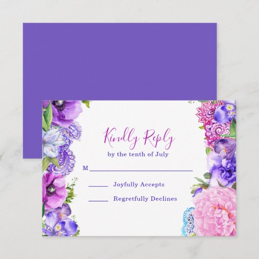 Floral Lila Paisley Watercolor Wedding RSVP Card (Vorne/Hinten)