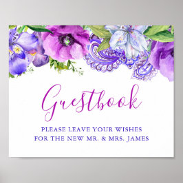 Floral Lila Paisley Wedding Guestbook Sign Poster