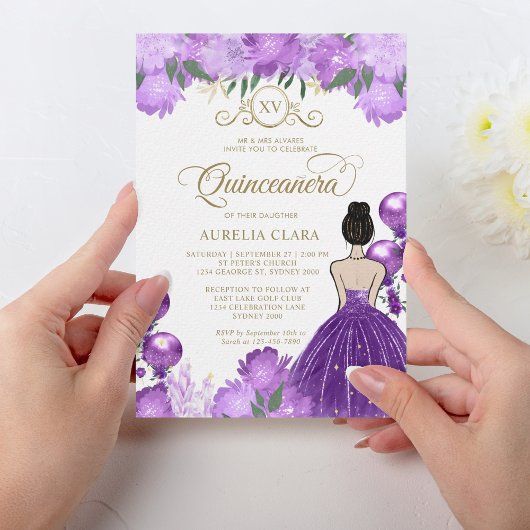 Floral Lila Princess XV Quinceañera Geburtstag Einladung