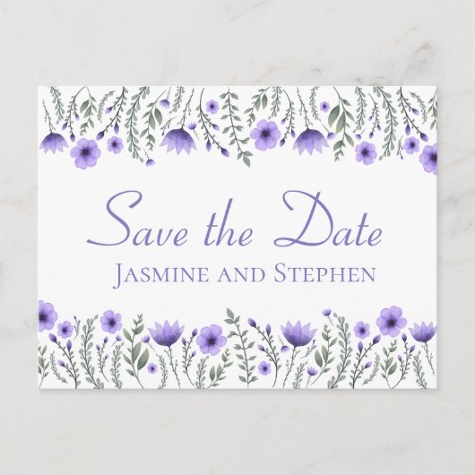 Floral Lila Save the Date Hochzeit Verlobung Postkarte (Vorderseite)