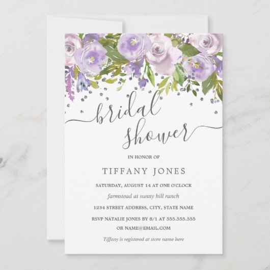 Floral Lila Silver Confetti Brautparty Einladung (Vorderseite)
