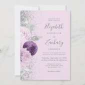 Floral Lila Silver Glitzer Lilac Wedding Einladung (Vorderseite)
