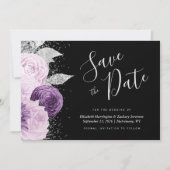 Floral Lila Silver Glitzer Save the Date Schwarz Einladung (Vorderseite)