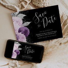 Floral Lila Silver Glitzer Save the Date Schwarz Einladung