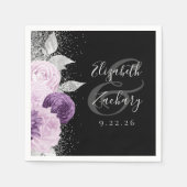 Floral Lila Silver Glitzer Script Black Wedding Serviette (Vorderseite)
