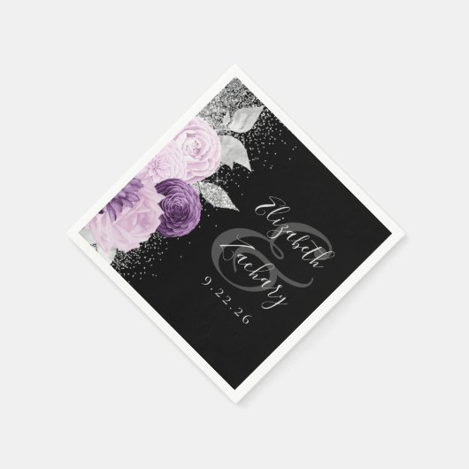 Floral Lila Silver Glitzer Script Black Wedding Serviette (Ecke)