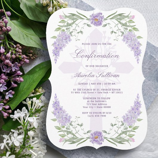 Floral Lilac Frame Holy Cross Confirmation Einladung