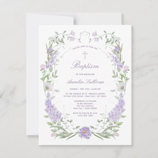 Floral Lilac Lavender Frame Taufe Einladung (Vorderseite)