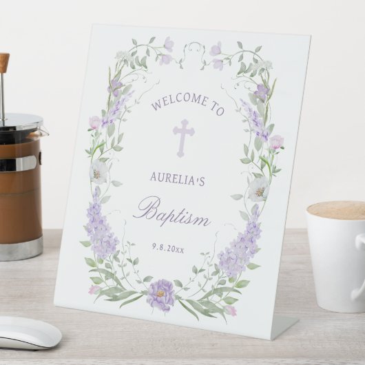 Floral Lilac Lavender Frame Taufe Willkommen Sockelschild (In Situ)