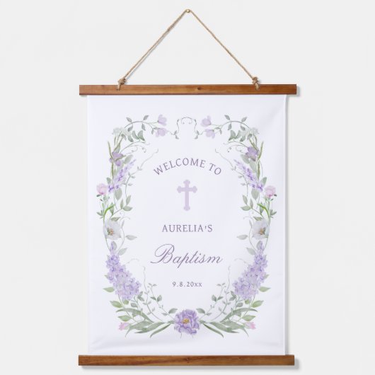 Floral Lilac Lavender Frame Taufe Willkommen Wandteppich Mit Holzrahmen (Vorderseite)