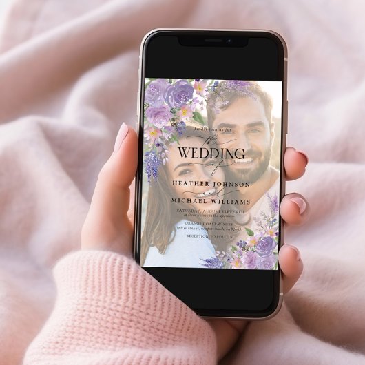 Floral Lilac Lavender Vellum Overlay Foto Hochzeit Einladung