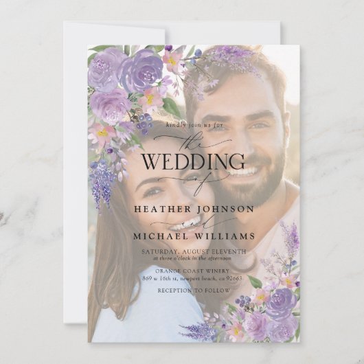 Floral Lilac Lavender Vellum Overlay Foto Hochzeit Einladung (Vorderseite)
