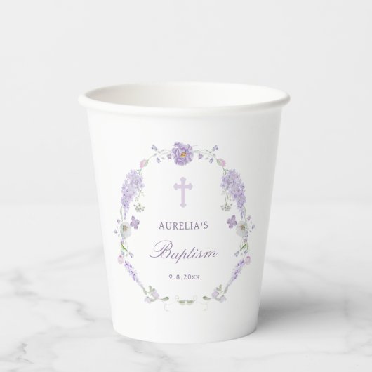 Floral Lilac Lavender Wreath Baptism Pappbecher (Vorderseite)