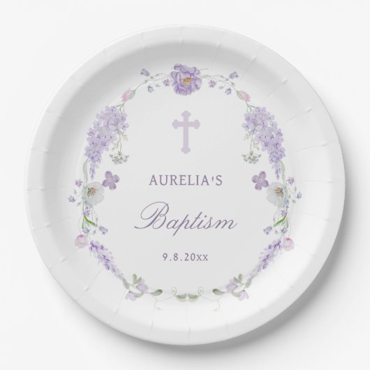 Floral Lilac Lavender Wreath Baptism Pappteller (Vorderseite)