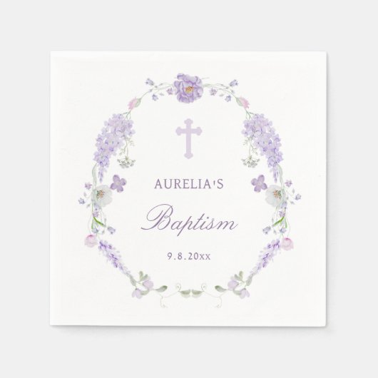 Floral Lilac Lavender Wreath Baptism Serviette (Vorderseite)