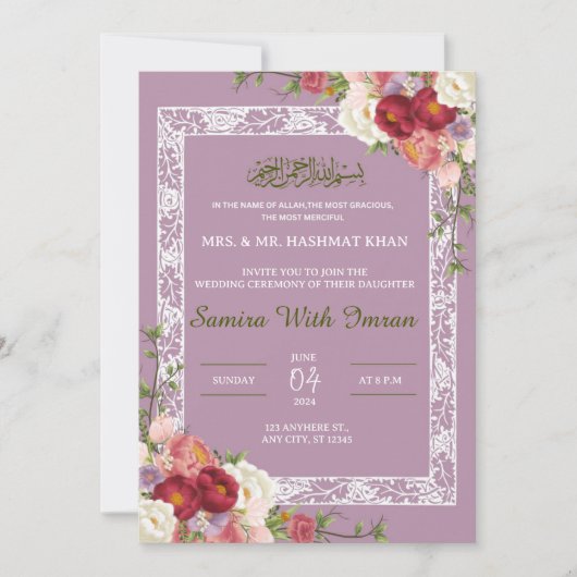 Floral Lilac Pink muslimische Hochzeit Einladung (Vorderseite)