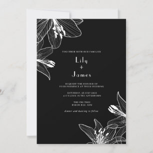 Floral Lilies Black and White Wedding Einladung