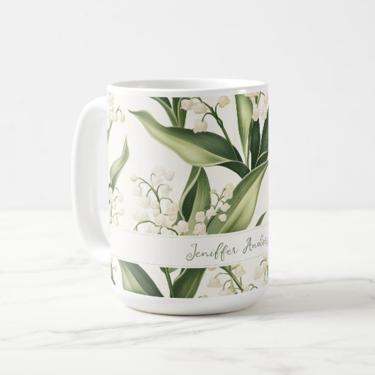 Floral Lily of the Valley with Custom Name Kaffeetasse (Vorderseite Links)