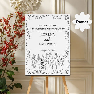 Floral Line Art 10. Hochzeitstag Begrüßung Poster