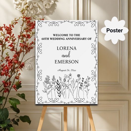 Floral Line Art 60. Hochzeitstag Willkommen Poster