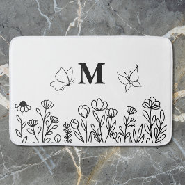 Floral Line Art Custom Monogram Badematte