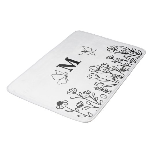 Floral Line Art Custom Monogram Badematte (Schrägansicht)