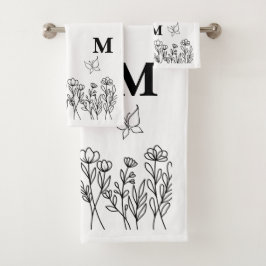 Floral Line Art Custom Monogram Badhandtuch Set