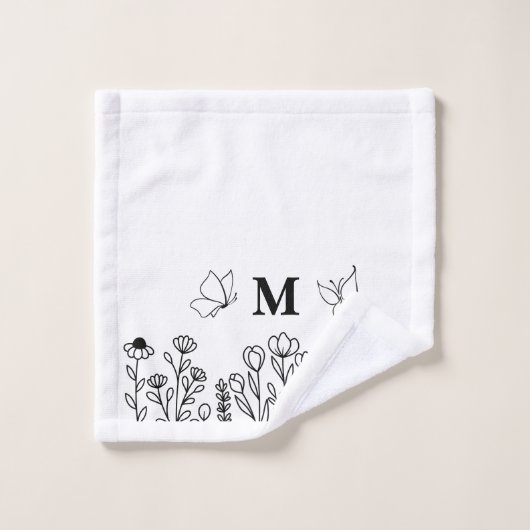Floral Line Art Custom Monogram Badhandtuch Set (Waschlappen)