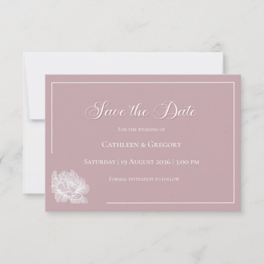 Floral Line Art Dusty Rose White Wedding Save The Date (Vorderseite)
