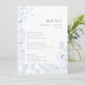 Floral Line Art French Blue Wedding Menükarte (Stehend Vorderseite)