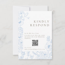 Floral Line Art French Blue Wedding RSVP Karte