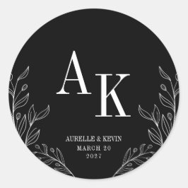 Floral Line Art Rustic Black Elegant Wedding Name Runder Aufkleber