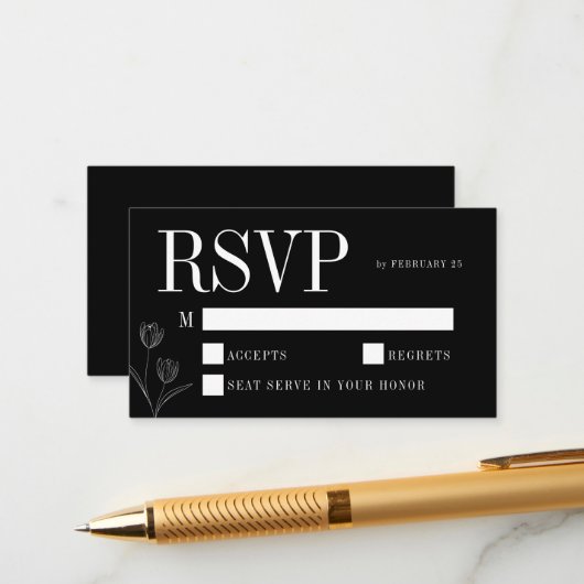 Floral Line Art Rustic Black Elegant Wedding RSVP Begleitkarte (Vorderseite/Rückseite Beispiel)
