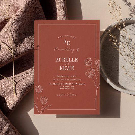 Floral Line Art Rustic Terracota Elegant Wedding  Einladung