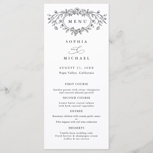 Floral Line Art Wedding Flat Menu Menükarte (Vorderseite)